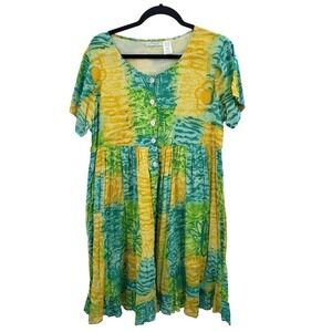 90's Ellen Jay Abstract Floral Dress Womens Medium Green Yellow Retro Tie Dye